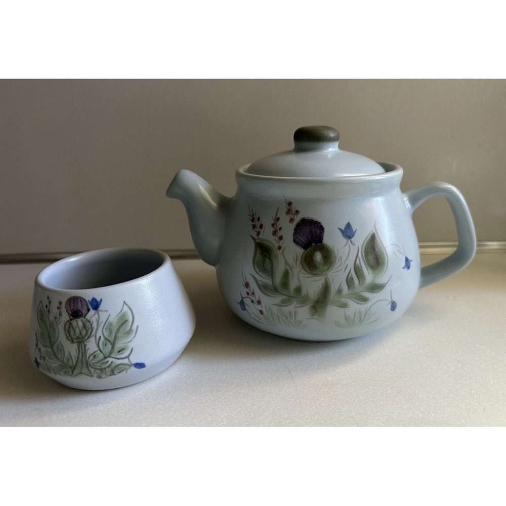 Vintage Buchan Finest Stoneware Thistle Teapot Sugar Bowl Scotland Light Blue